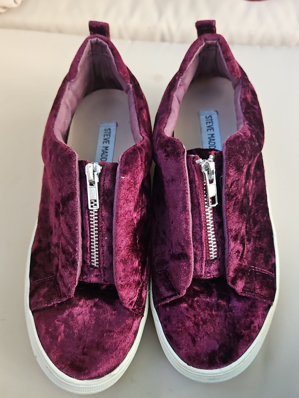 Steve Madden Burgundy Velvet Zip-Front Slip-On Sneakers